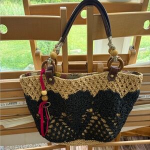 Y2K Vintage Fossil Raffia Tote Crochet Floral Beach Purse Bag Natural Straw Blck